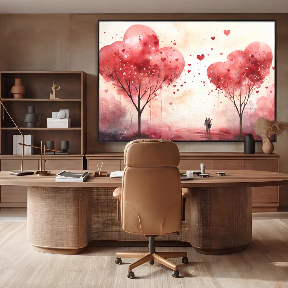 Tablou canvas cu tablou canvas cuplu sub copaci in forma de inima, in rama de aluminiu negru, pe perete intr-un birou